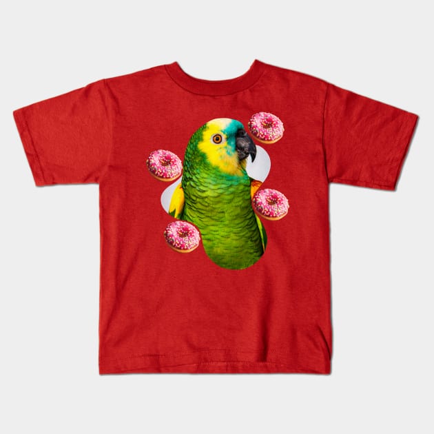green parrot with pink donuts Kids T-Shirt by Arteria6e9Vena